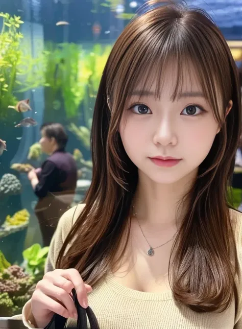 masterpiece,  top quality ,  Photorealistic ,  Ultra Details,  fine detail ,  high res, 8k wallpaper,  one beautiful woman inside the aquarium building , Wear casual business attire,  at a great restaurant, At night,  Light brown disheveled hair ,  perfect...