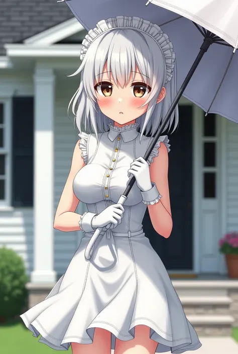 a realistic and detailed image of a woman using the shiro lolita style with white hair and brown eyes, size L breasts, size M hips, wearing a white dress, white boots and gloves. Her expression is embarrassed and shy, she has an umbrella open to the right,...