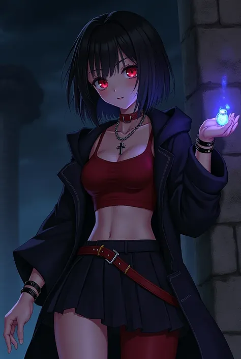 Pretty anime girl, cross necklace on neck, straight red belt on waist, short black skirt, red crop top, red choker, black coat with hood down. Loose black hair, realistic, clear red eyes with dark sclera.4k, high quality, high resolution, high details, dar...