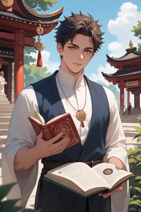 A boy holding the book holy Bible outside a hindu temple anime