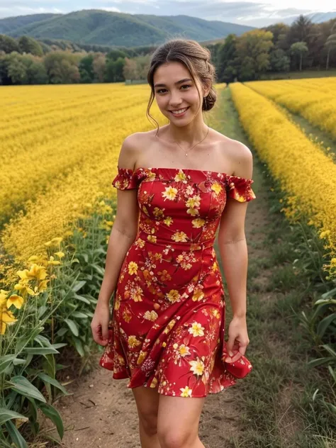 (((Perfect Anatomy))), an 18 year old female, (highest quality), brown chignon hair, photorealistic (1.4), full body image, bright red floral dress, bare shoulders, field of yellow flowers, glowing skin, sweet smile