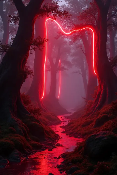 Red neon forest without people 