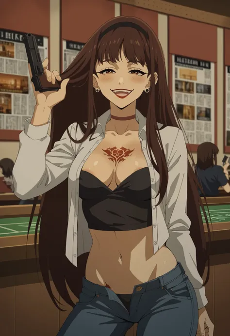 score_9, score_8_up, score_7_up, source_anime, hibari houkobaru, long hair, bangs, brown hair, brown eyes, hairband, black hairband, medium breasts,, smile,  smug, solo,, , ear piercing, long hair, blush, lipstick,Hot girl, baddie, smoking, sensual, attrac...