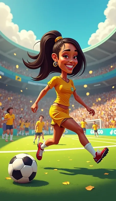 " A cartoonish version of Anitta on a soccer field ,  wearing a shiny uniform with gold details ,  tripping on the ball and laughing out loud while the crowd in the background applauds in excitement, with colorful trophies and flags in the setting ."