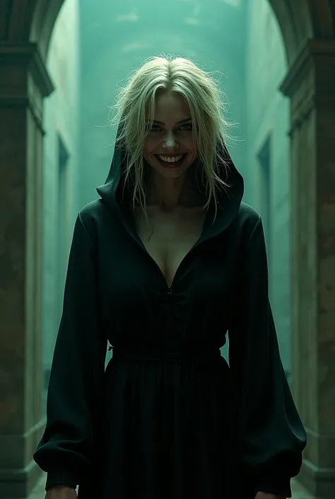 Crazed woman, sinister smile, robed, shadowy background, blonde hair, two toned background, mint tone, white tone