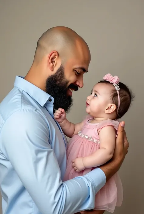 a handsome man, bald, with a well-trimmed beard ,  wears a light blue dress and holds a charming 9-month-old baby in her lap .  The baby is wearing a pink dress with small floral details and a delicate matching tiara.  He smiles tenderly ,  while the baby ...