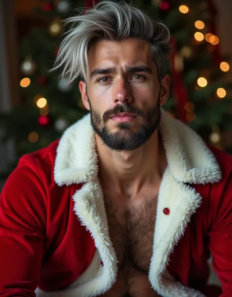 masterpiece, best quality, high resolution, closeup portrait, male focus, solo focus, A man, 30 years old, youmg attractive santa claus,  with santa claus unbuttoned clothes, erotic flirty pose, unbuttoned chirstimas clothes,  models santa, silver grey hai...