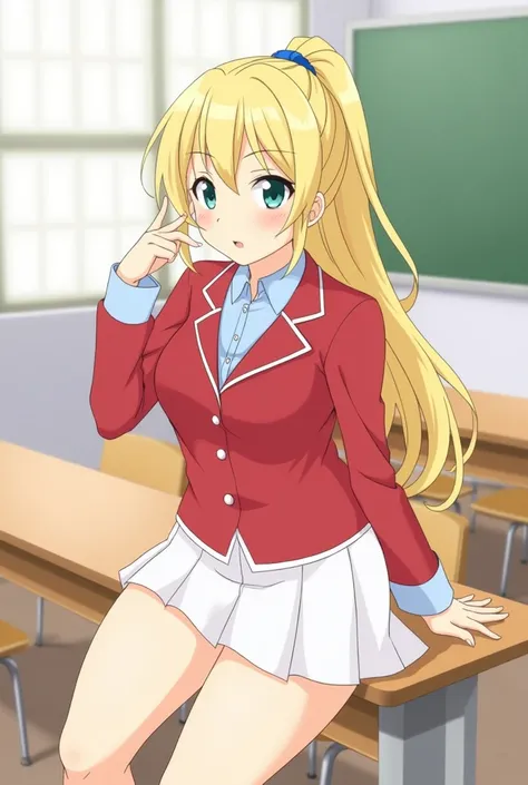 score_9, score_8_up, score_7_up, sauce_anime, Kei Karuizawa, white short skirt, red blazer with no buttons or zippers, light blue buttoned blouse, is posing, art of kirokaze pixel, anime moe artstyle, blonde anime girl, long hair, pony tail, blue hair tie,...