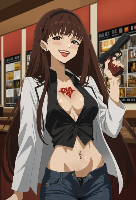 score_9, score_8_up, score_7_up, source_anime, hibari houkobaru, long hair, bangs, brown hair, brown eyes, hairband, black hairband, medium breasts,, smile,  smug, solo,, , ear piercing, long hair, blush, lipstick,Hot girl, baddie, smoking, sensual, attrac...