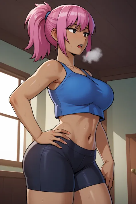 score_9, score_8_up, score_7_up, score_9,4k, HD, 8k, highres, antialiasing, detailed, texture, perspective, cinematic lighting,  enidSDXL, 1girl, solo, ponytail, short hair, large breasts,  blue tanktop, navel, cowboy shot,  pink hair, hair, dark skin, sho...