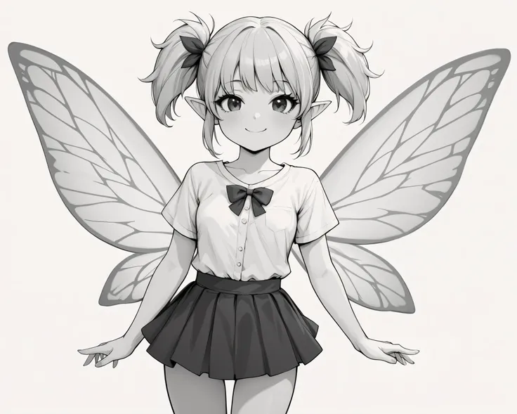 score_9_up, score_8_up, score_7_up, 1girl, solo, source_anime, fairy, FairyForm, Fairy Wings, Wings monochrome, lineart BREAK
Short twintails, fairy wings, bangs, small breasts BREAK
Shirt, short sleeves BREAK skirt BREAK
Standing, happy face, smile,...
