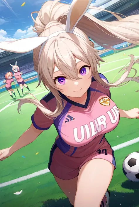 (masterpiece,best quality,ultra detailed,:1.2),CG,a beautiful and French girl,Silky hair,glossy Blond hair,hairs between eyes,short hair with long locks,High Long Ponytail,Big eyes,round eyes,twinking Purple eyes,Smile,Kicking Soccer Ball,mega breasts,glam...