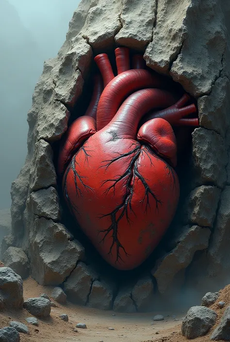 A human heart covered in rock with cracks that reveal part of the living heart