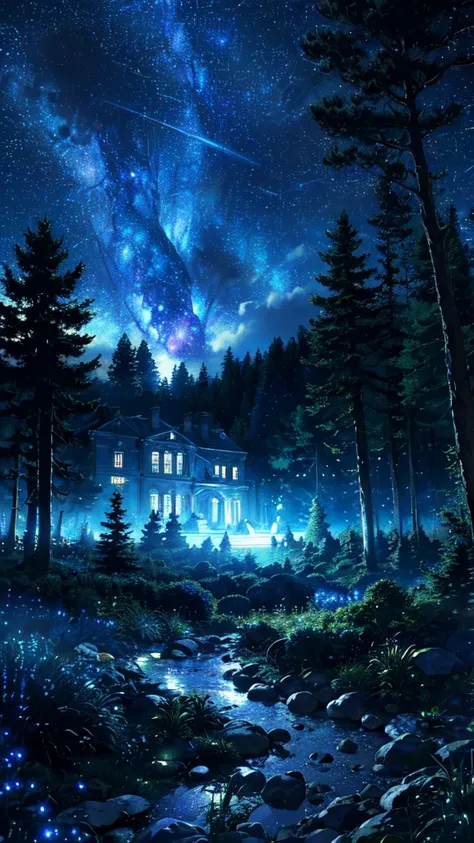 landscape, mansion, sky, galaxy, comet, stars, forest, realistic and realistic, motion blur, top quality