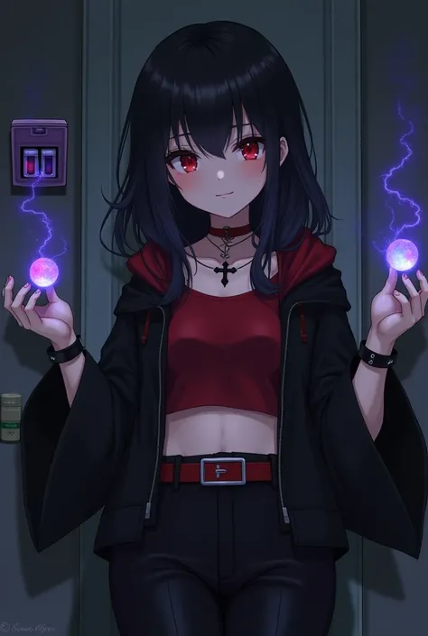 Pretty anime girl, cross necklace on neck, straight red belt on waist, red crop top, red choker, black coat with hood down. Loose black hair, realistic, clear red eyes with dark sclera.4k, high quality, high resolution, high details, dark fantasy, clear vi...