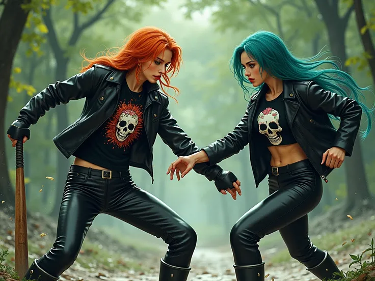 A fight (  fully visible fights ),  the first dressed with  (  Woman in Rain Boots , loose black rubber pants tucked inside black rain boots ,  long sleeve black t-shirt with front print with American rock n roll articles glitter destruction,  orange hair,...