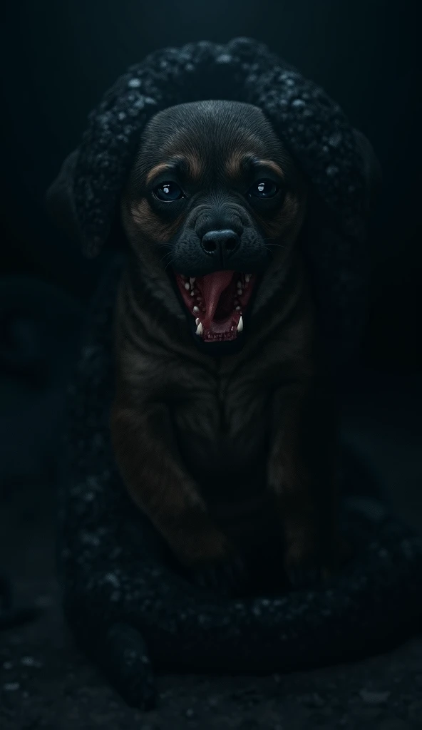 "A hyper-realistic vertical 9:16 scene of a terrifying large snake tightly coiled around a small, terrified puppy. The snake, with glossy, dark scales and sharp fangs visible, has its mouth wide open, preparing to strike. The puppy is positioned vertically...