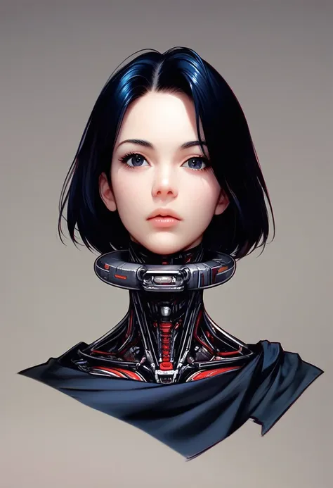 One woman, mature, anime, female anime character, dark eyes, expressionless, biomech, biomechanical, black hair, sharp face,artificial skin, black slim mechanical body frame, small chest, black cloak, mechanical neck, detailed anime character art, dark, fa...