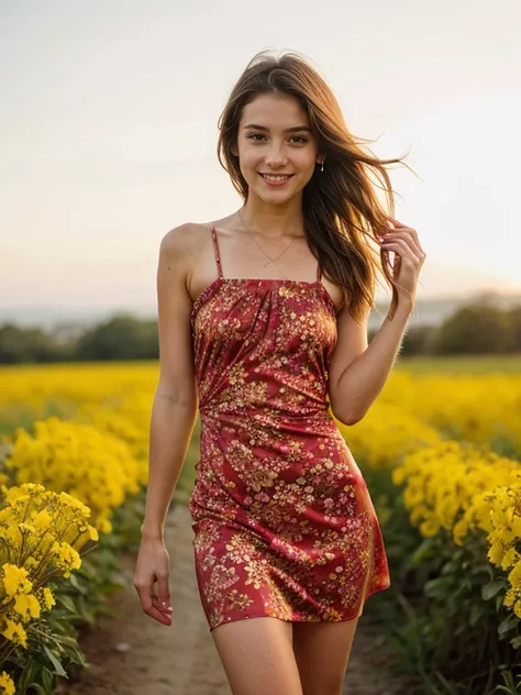 (((Perfect Anatomy))), an 18 year old female, (best quality), brown chignon hair, photorealistic (1.4), full body image, sexy sheer mini dress with bright red floral print, bare shoulders, field of yellow flowers, glowing skin, sweet smile