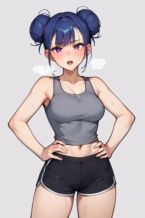 zPDXL2, source_anime, 
leiaxl, 1girl, solo,looking at viewer, breasts, double bun, gray tank top, black shorts, ,hands on hips, open mouth, out of breath, sweaty, chin sweat
 