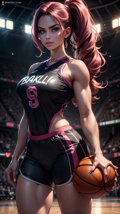 A gorgeous female basketball player,(best quality,4k,8k,highres,masterpiece:1.2),ultra-detailed,(realistic,photorealistic,photo-realistic:1.37),beautiful detailed, ((extremely powerful, extremely strong, amused, sexy,)) ((perfect face)), long eyelashes, ma...