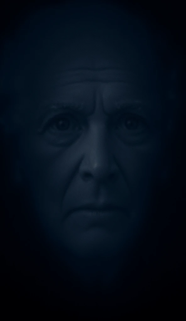  a wise old man looking at the camera up close only his serious face with determination in his eyes, illuminated by the camera ,  black and white image , Black and white colors,  Cinematic, At night color of the image filter blue sad as if it were cloudy ,...