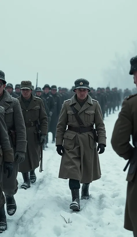 German prisoners of war marching in the snow under Soviet guard after the surrender of the 6th Army at Stalingrad in early 1943.