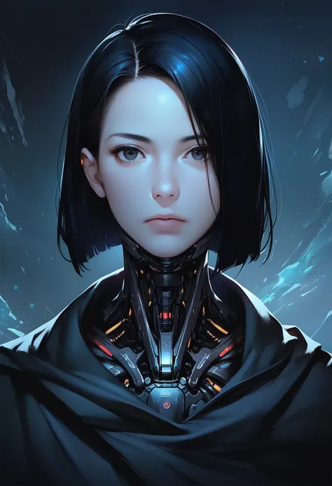 One woman, mature, anime, female anime character, dark eyes, expressionless, biomech, biomechanical, black hair, sharp face,artificial skin, black slim mechanical body frame, small chest, black cloak, mechanical neck, detailed anime character art, dark, fa...