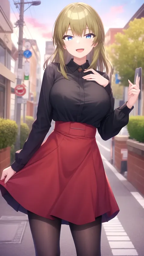 masterpiece, best quality, girl, solo, looking at viewer, mitsuru_abe, large breasts, black shirt, red dress, long sleeves, black pantyhose, cowboy shot, standing, street, looking at viewer, outdoors, smile, open mouth,