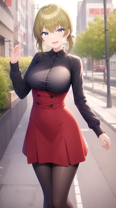 masterpiece, best quality, girl, solo, looking at viewer, mitsuru_abe, large breasts, black shirt, red dress, long sleeves, black pantyhose, cowboy shot, standing, street, looking at viewer, outdoors, smile, open mouth,