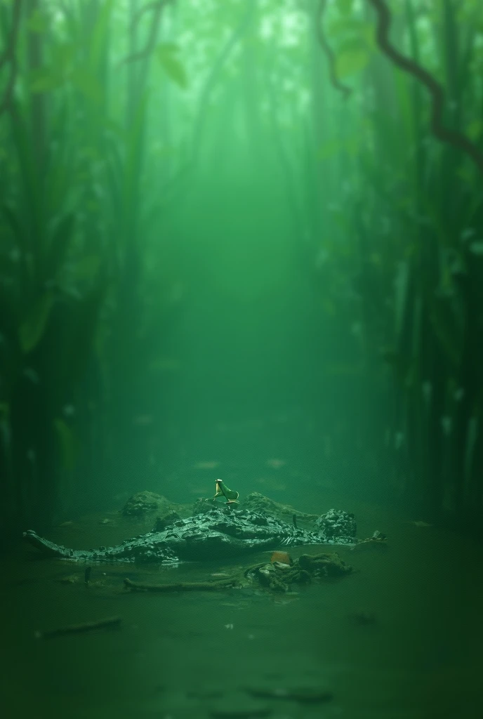 Praying Mantis and Alligator, a swampy marshland, the praying mantis is perched on a low-hanging tree branch, its legs poised delicately, while the alligator rests partially submerged in the murky water below, the praying mantis has a vibrant green body wi...