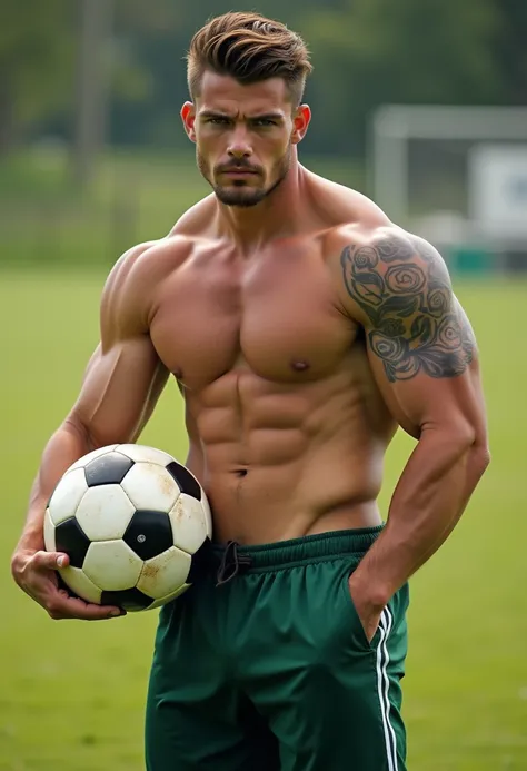  a handsome and manly 23-year-old man ,  with a soccer ball in his hand and a tattoo on his arm,  athletic boys, tall and handsome ,  holding a soccer ball ,  exaggerated muscle physiognomy, football player, bodybuilder body, Muscular men,  bulging muscles...