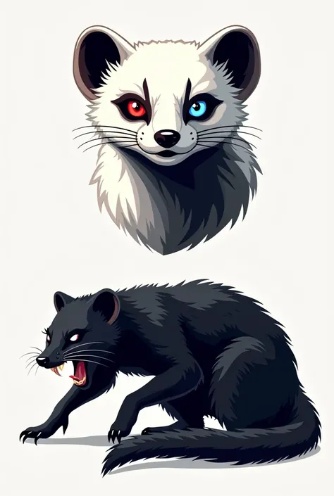 Vector art illustration of moon civet logo in white with red eye and blue left eye and vector art illustration of moon civet in black with roaring sangar face performing mating event