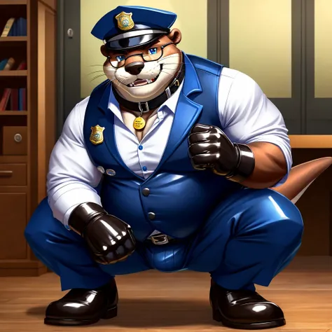 Solo, Male, fat, squatting, extremely obese, gentleman, dapper Otter, blue eyes, (soft shading), 4k, hi res, ((detailed face, detailed)), looking at viewer, evil grin, police station, collared shirt with buttons, hat, male focus, Police Uniform, glasses, m...