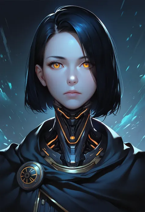 One woman, mature, anime, female anime character, amber eyes, expressionless, biomech, biomechanical, black hair, sharp face,artificial skin, black slim mechanical body frame, small chest, black cloak, mechanical neck, detailed anime character art, dark, f...