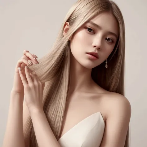  Elegant portrait of a female model with straight hair ,  nails and face ,  and well-maintained nails with a minimalist design .  The model has a sophisticated posture and a serene expression. Hand with 5 fingers.  The background is clean and neutral ,  li...