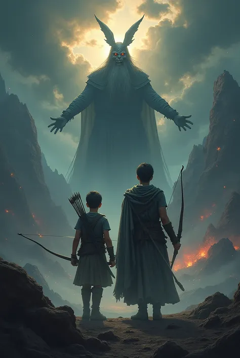  A dramatic and epic scene from the biblical apocalypse , com Ethan e Elyse, Two brothers, Lens In the foreground.  Ethan is a determined young man , with short dark hair,  holding a bow and arrow , ready to fight. Elyse is at your side ,  with a firm and ...