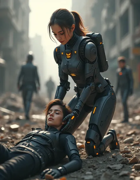 A photorealistic image of a young, beautiful woman in a futuristic exoskeleton robot suit, actively assisting injured civilians at a disaster site. The suit, featuring advanced hydraulics and glowing energy panels, is gently lifting a person from rubble, w...