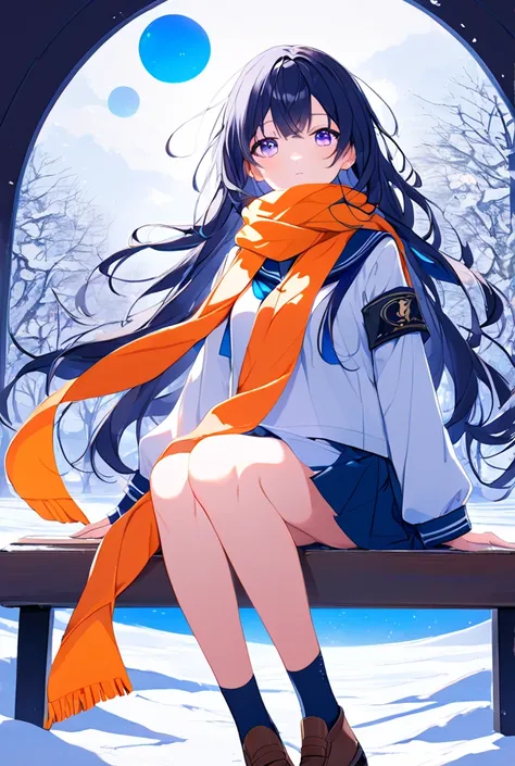 A heartwarming anime artwork of a schoolgirl sitting on a bench in a snow-covered park. Her blue sailor uniform and orange scarf stand out against the stark white snow, and the moonlight casts a gentle glow on her thoughtful expression, evoking a sense of ...