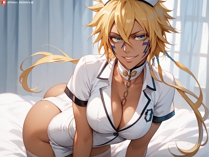 tier harribel bleach character, High resolution, The best quality,  tall details, HD model, 8k, super detailed, sexy nurse outfit, cleavage, mischievous smile, sexy pose, Tilted ass