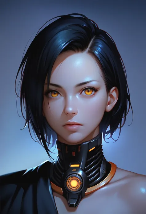 One woman, mature, anime, female anime character, amber eyes, expressionless, biomech, biomechanical, black hair swept to the right, sharp face,artificial skin, black slim mechanical body frame, small chest, black cloak, mechanical neck, detailed anime cha...