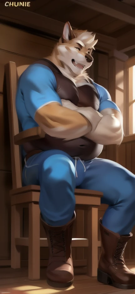  alone, Male tall  ,Big torso ,riding a chair  ,Den,big  , blue sportswear,  ,  wearing boots ,  Overweight ,  muscle bundle , Sexual Emotions Pleasure, by chunie 