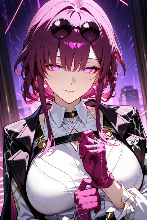 1girl, solo, masterpiece, best quality, good quality, newest, ultra quality, high detailed, Honkai Star Rail, big breasts, kafka, collected hair, tied hair, purple hair, purple eyes, bodystoging, jacket on the shoulder, adjusting the gloves, looking at vie...