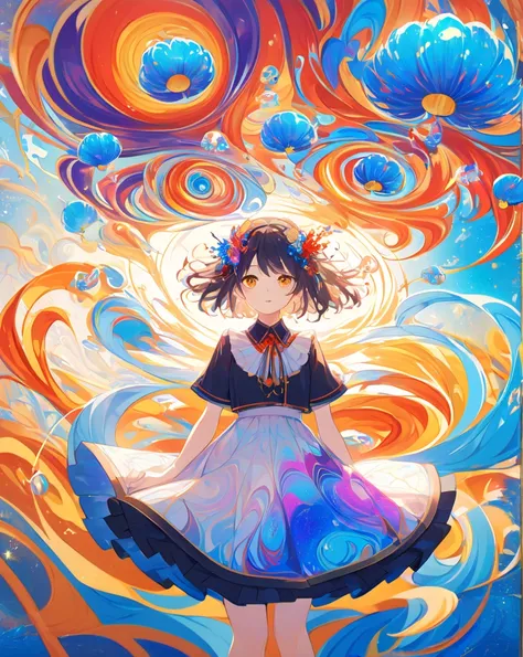 The background is an abstract wonderland filled with swirling streaks and droplets of vivid colors such as red, blue, yellow, and orange, creating a mesmerizing, dreamlike atmosphere. The ground mirrors the vivid ink patterns, enhancing the surreal and dyn...