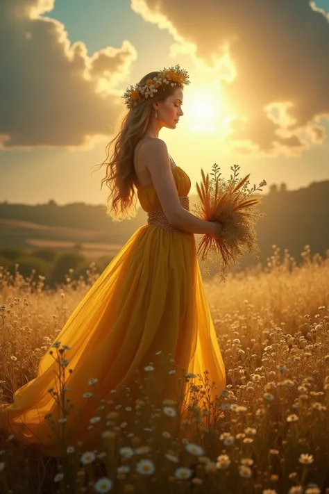 A central female figure representing Cérès, the goddess of harvest, reimagined as an allegory of abundance and divine grace. She stands gracefully in a golden flowing gown that cascades like sunlight, adorned with stalks of wheat and delicate flowers. Her ...