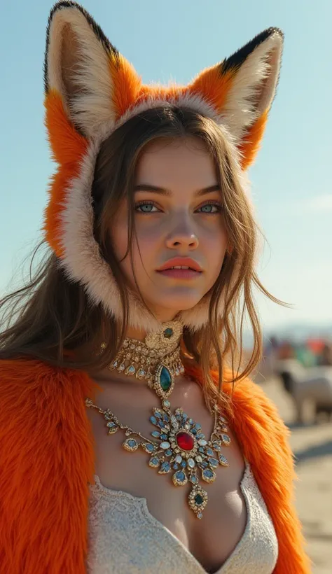 A pretty girl in a furry out fit, that looks like she came from Burnig Man
High Resolution, Blue eyes, Fox Ears, 