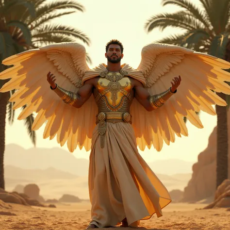 cinematic, desert with palm trees, masculine angel in robes and golden armor holding arms up, 1000BC