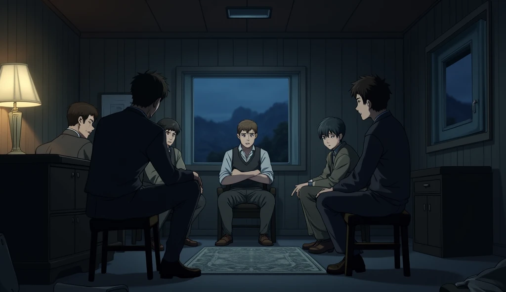  A group of partially injured armed men ,  sitting talking in a cabin room, Destroyed at night , Light from a partially bruised lamp , anime, tense atmosphere.
