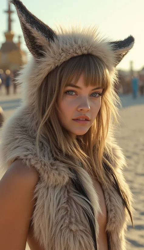 A pretty girl in a furry out fit, that looks like she came from Burnig Man
High Resolution, Blue eyes, Fox Ears, 