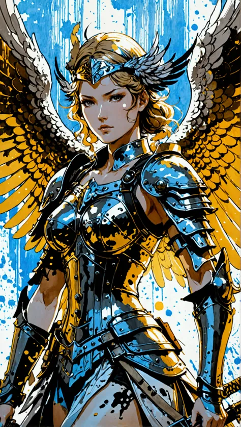  a winged valkyrie wielding a weapon,  splatter fashion ,  in the style of light and shadow ,  ink illustrations ,  by Yoji Shinkawa . lora:aesthetic_anime_v1s :1>